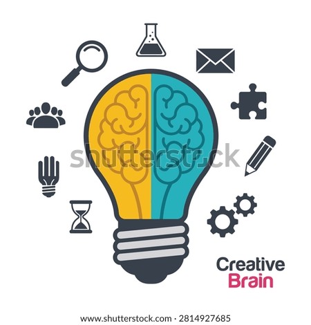 A creative brain light bulb with icons representing ideas and innovation on a white background for business and education concepts