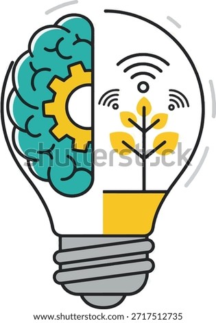 Creative brain and light bulb illustration representing innovation, artificial intelligence, smart ideas, creativity, and modern problem solving in a clean flat vector design.