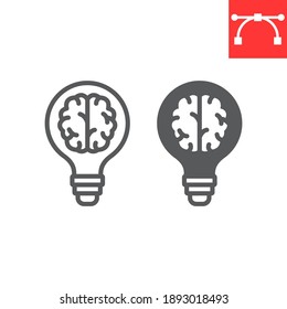 Creative brain line and glyph icon, idea and lightbulb, creative thinking sign vector graphics, editable stroke linear icon, eps 10