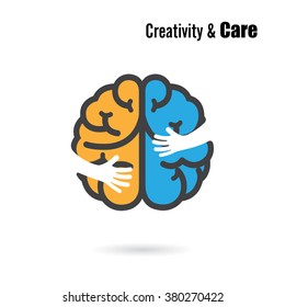 Creative brain logo design vector template with small hand.Education and business logotype concept.Vector illustration