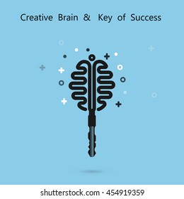 Creative brain logo with key logo. Key of success concept.Inspiration or innovation idea.Key and brain logo design.Business and education idea concept.Vector illustration.