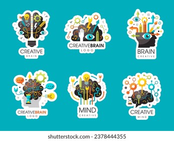 Creative brain. Mind logotypes with visualization of brains recent vector pictures set with place for text