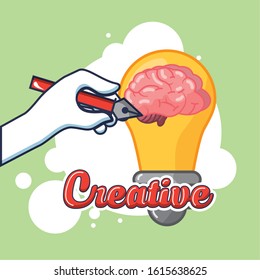 creative brain organ with bulb and accessories vector illustration design