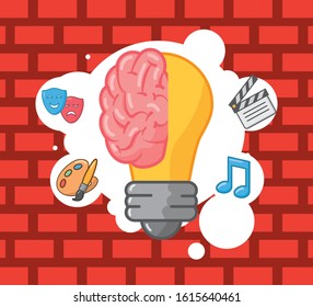 creative brain organ with bulb and accessories vector illustration design