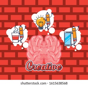 creative brain organ with set items vector illustration design