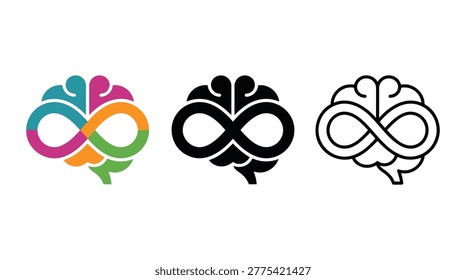 Creative brain shape combined with infinity symbol in three styles depicting neurodiversity awareness endless imagination mental health and cognitive longevity designs.