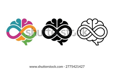 Creative brain shape combined with infinity symbol in three styles depicting neurodiversity awareness endless imagination mental health and cognitive longevity designs.