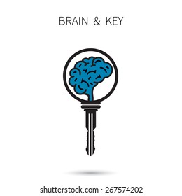 Creative brain sign with key symbol. Key of success. Business and education idea concept. Vector illustration.