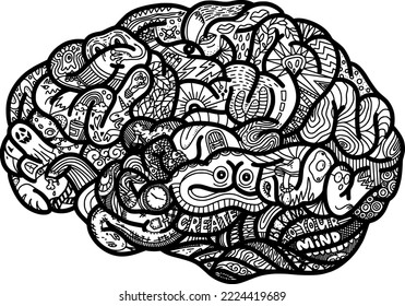 Creative Brain. Vector doodle illustration in the convolutions of the brain. 