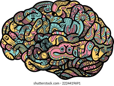 Creative Brain. Vector doodle illustration in the convolutions of the brain. 