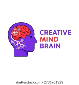A creative brain with a vibrant purple silhouette and red brain illustration. Vector