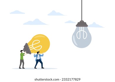Creative brainstorming, changing ideas, teamwork idea. Connect different thoughts and think of new solutions. Teamwork helps lift the big light bulb or big idea. flat vector illustration.
