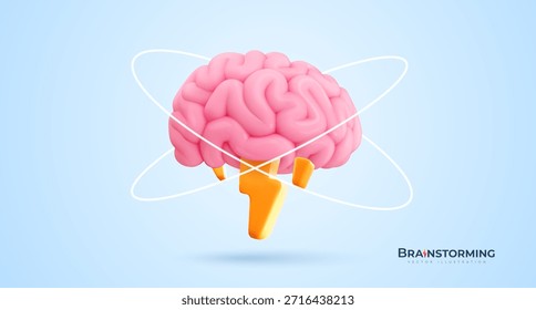 Kreatives Brainstorming-Konzept mit 3D-menschlichem Gehirn und Blitzsymbol, das Ideengenerierung, Innovation und Intelligenz darstellt. Intelligente Ideen. Vektorgrafik.