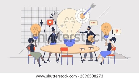 Creative brainstorming and new idea generation retro tiny person concept. Innovative business meeting with teamwork and partnership discussion vector illustration. Smart consulting in workplace.