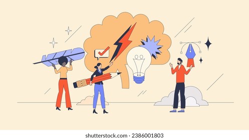 Creative brainstorming with new ideas discussion retro tiny person concept. Innovative teamwork with colleague partnership and collaboration for best results vector illustration. Project development.