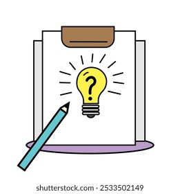 Creative brainstorming session with light bulb idea on clipboard and pencil in a modern digital art style