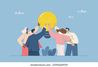 Creative brainstorming, Teamwork, Team or collaboration for business success, Sharing Ideas, Creative business team hand touching light bulb, Flat vector design illustration.