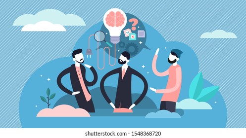 Creative brainstorming vector illustration. Flat tiny idea generation occupation person concept. Symbolic teamwork with innovation strategy thinking. Discussion about project development and invention