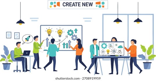 Escena creativa de Vector de lluvia de ideas: equipo de oficina diverso que comparte ideas, muestra bombillas e innovación, "crea un nuevo" Anuncio, concepto de trabajo en equipo corporativo, estilo plano