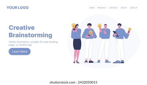 Creative Brainstorming. Web Landing Page Design. Flat Cartoon Vector Illustration. Vector illustration, suitable for web landing page, ui, mobile app.