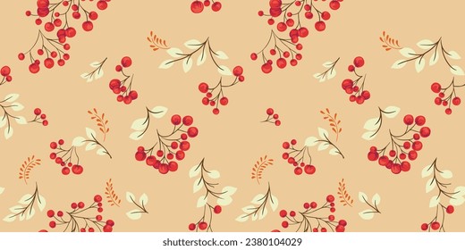 Creative branches berries with leaves scattered randomly on a beige background seamless pattern. Juniper, boxwood, viburnum, holly, barberry.  Botanical illustration print. Vector hand drawn.