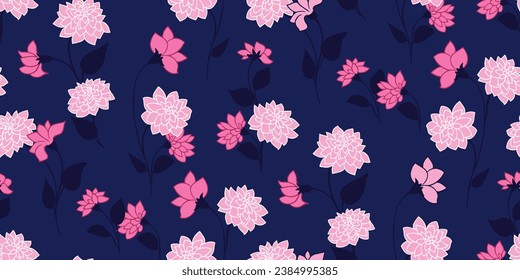 Creative branches flowers and buds with leaves seamless pattern. Vector hand drawn sketch doodle. Cute simple pink floral on a dark blue background print. Template for design, fabric, fashion