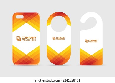 Creative brand identity template collection with a phone case and door hangers. Business promotional design with orange and yellow colors. Office stationery template bundle for advertisement.