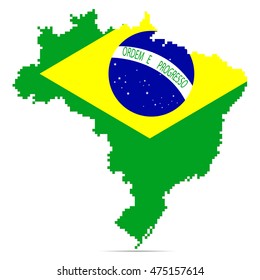 Creative Brasil map with pixeled edge vector illustration. Brazil patriotic poster.