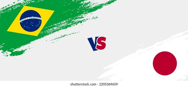 Creative Brazil vs Japan brush flag illustration. Artistic brush style two country flags relationship background