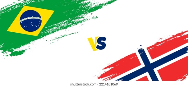 Creative Brazil vs Norway brush flag illustration. Artistic brush style two country flags relationship background