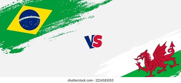 Creative Brazil vs Wales brush flag illustration. Artistic brush style two country flags relationship background