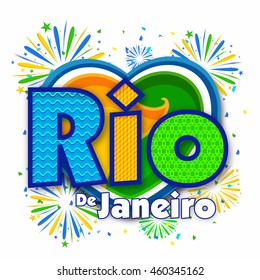 Creative Brazilian Flag Colors Text Rio De Janeiro with Heart on fireworks background, Can be used as Poster, Banner or Flyer design.