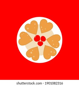 Creative breakfast for Valentine's Day, strawberry waffles heart, heart pancakes .  Top view, vector illustration. Flat design.