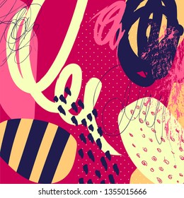 Creative bright abstract doodle art header with different shapes and textures. Collage. Vector