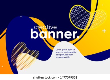 Creative bright banner design with fluid Memphis elements. Vector illustration for ad, social media, poster, cover, promotion, landing page.