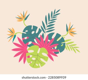 Creative, bright, colorful background with tropical leaves. Summer sale, poster template, greeting card, banner.