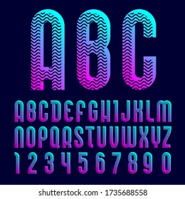 Creative bright font, alphabet in style of pop art, modern vector letters and numbers high detail with wavy texture pattern.