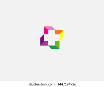 Creative bright geometric cross logo icon for pharmacy or medical center