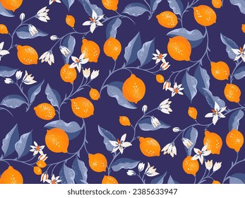 Creative bright lime and lemon branches seamless pattern on a blue background. Vector hand drawn doodle. Summer citrus fruits illustration for print. Template for design, textile, fashion