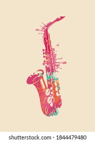 Creative bright musical illustration. Vector design of an abstract saxophone in form of paint spots and splashes on a light background