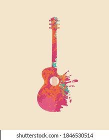 Creative bright musical illustration. Vector design of an abstract guitar in form of multi colored paint spots and splashes on a light background
