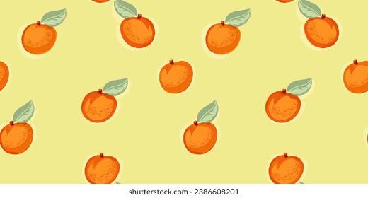 Creative bright orange apricot or peach seamless pattern on a yellow background. Vector hand drawn sketch doodle. Summer fruits illustration for print. Template for design, textile, fashion