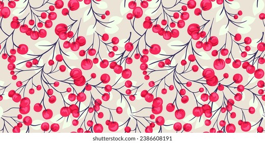 Creative bright pink red branches berries intertwined in a seamless pattern on a light background. Vector hand drawn sketch. Juniper, boxwood, viburnum, holly, barberry. Botanical illustration