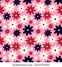 Creative bright pink vibrant quirky expressive floral pattern in 60s in bright juicy colors