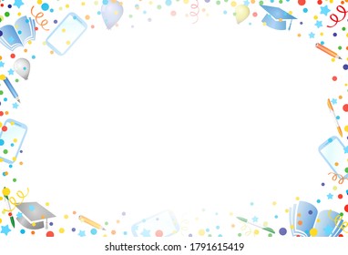 Creative bright school background. Back to school or Class Off color banner concept. Holiday frame with confetti. Educational objects. Empty sheet of paper. Isolated abstract graphic design template.