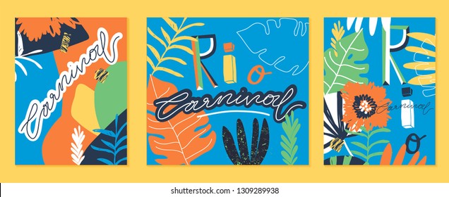 Creative bright set of Brazil Carnival backgrounds / cards. Vector templates with trendy abstract tropical elements.
Signs "RIO", "CARNIVAL".