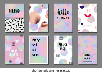 Creative bright summer journaling cards. Retro memphis holographic posters. Hello, enjoy typography