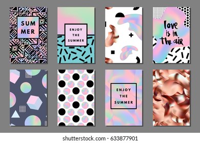 Creative bright summer journaling cards. Retro holographic and copper posters with geometric shapes. Hello, enjoy typography. Vector minimal design for banner, cover, flyer, brochure