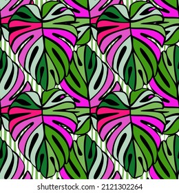 Patrón de hojas tropicales brillantes y creativas. Fondo de hoja de Monstera. Modernas plantas exóticas de selva con un fondo de pantalla interminable. Fondo hawaiano. Textura floral de la selva tropical. Ilustración del vector