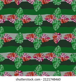 Creative bright tropical leaves seamless pattern. Monstera leaf background. Modern exotic jungle plants endless wallpaper. Hawaiian backdrop. Rainforest floral texture. Vector illustration